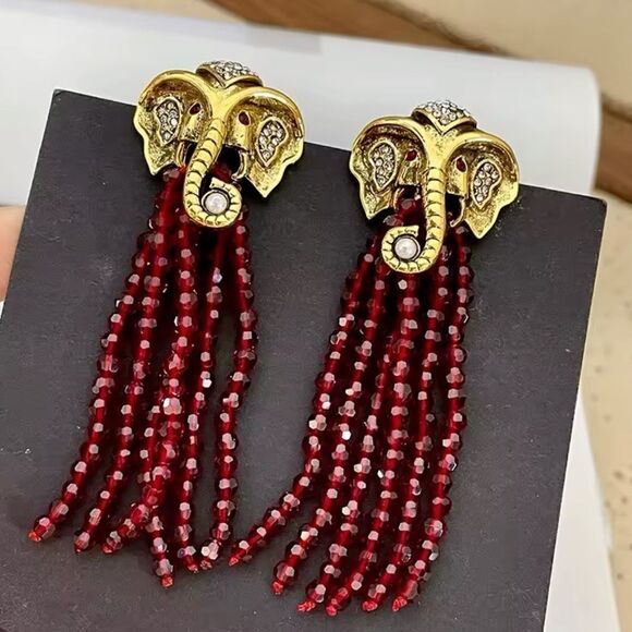 Gold Elephant Head Earrings with Red Bead Tassels - Picture 3 of 15